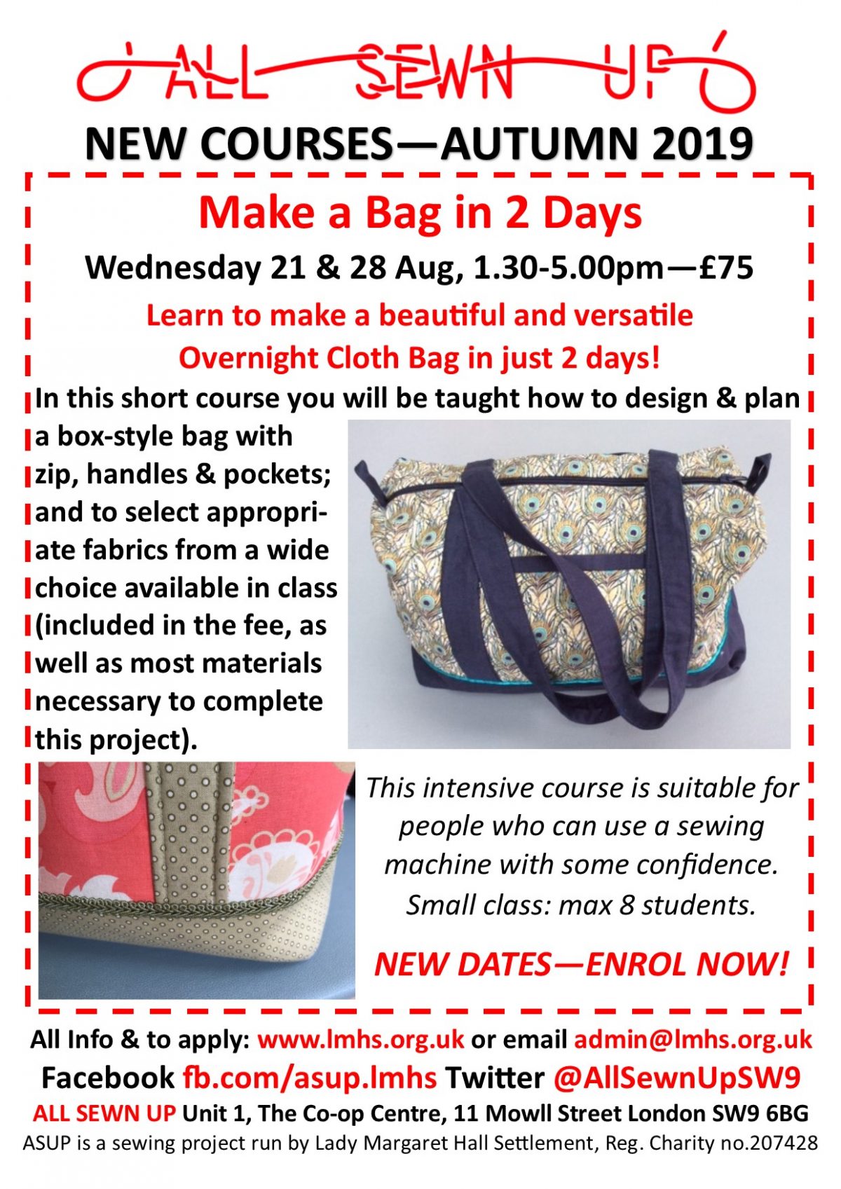 New dates for Make a Bag sewing course in August!